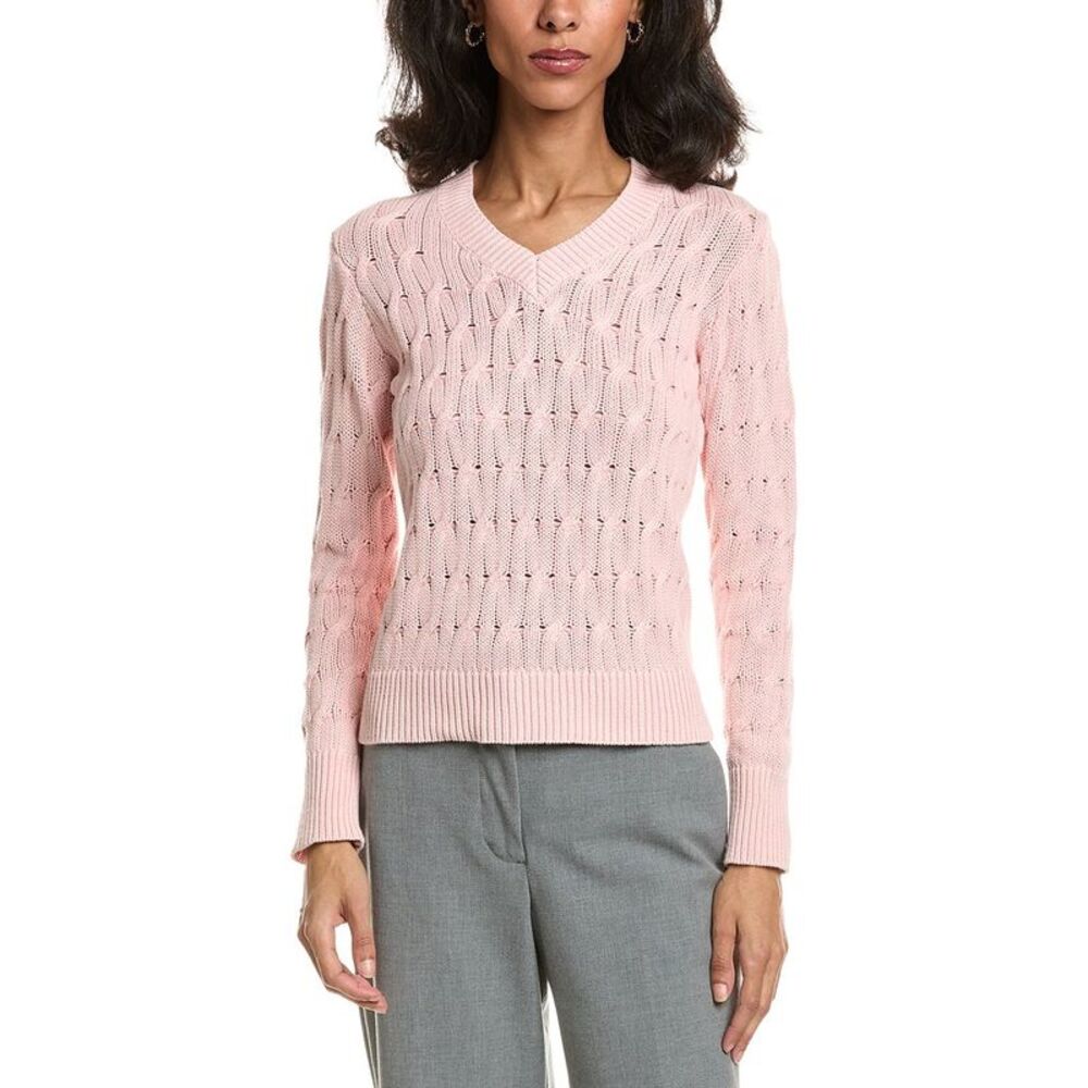 Forte Womens Stonewash Cable V-Neck Sweater, Pink